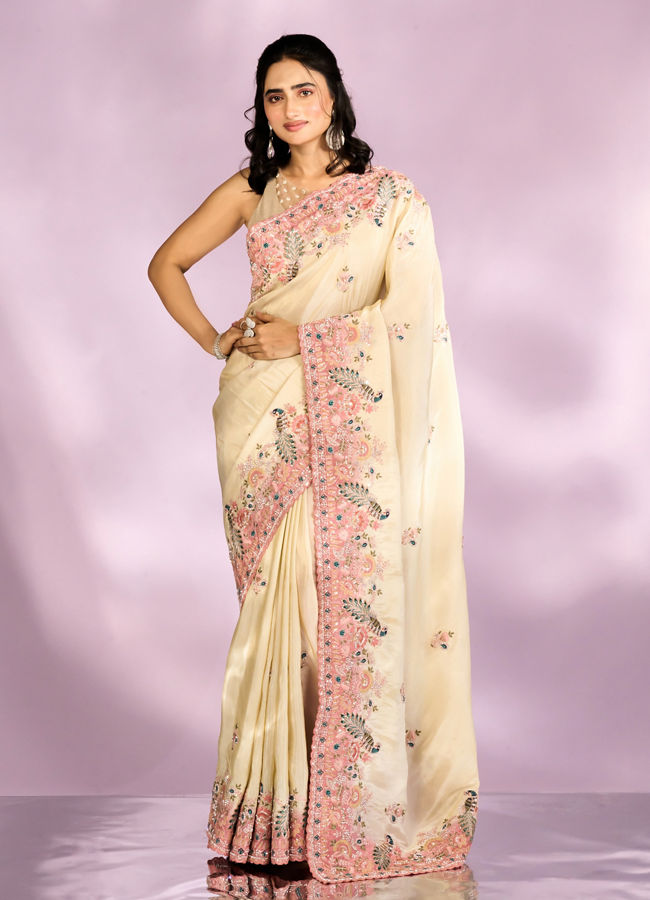 Mohey Women Enthralling Cream Organza Saree