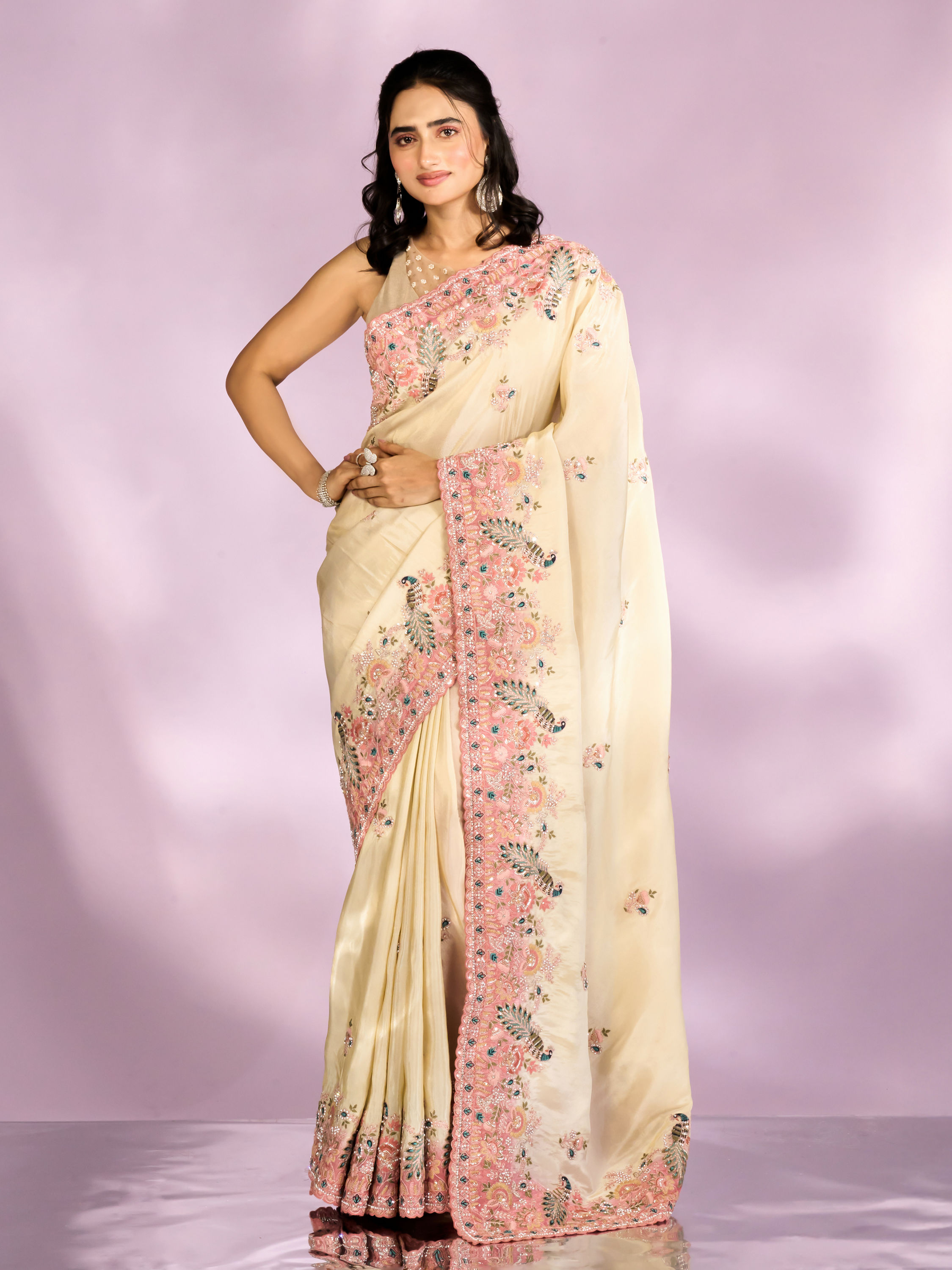 Mohey Women Enthralling Cream Organza Saree