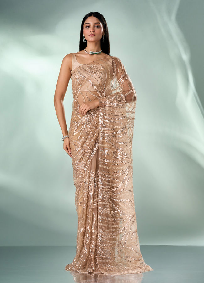 Mohey Women Fawn Net Saree with Moti and Sequin Work