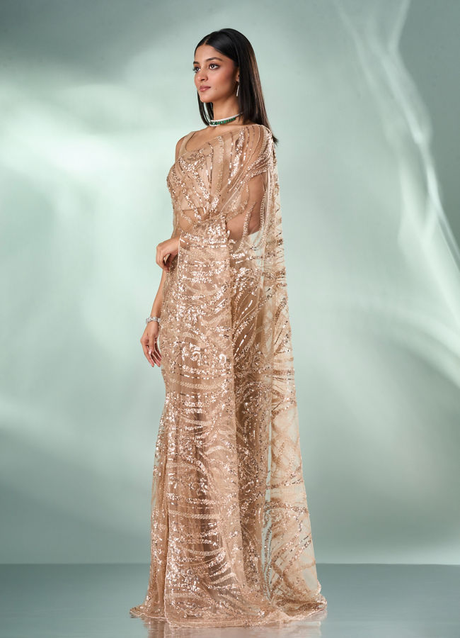 Mohey Women Fawn Net Saree with Moti and Sequin Work