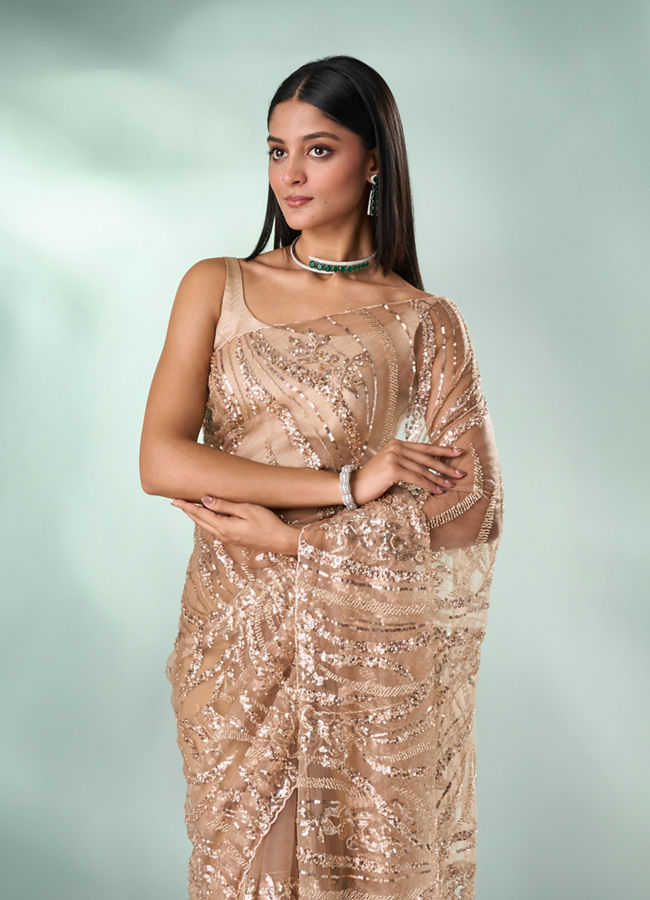Mohey Women Fawn Net Saree with Moti and Sequin Work