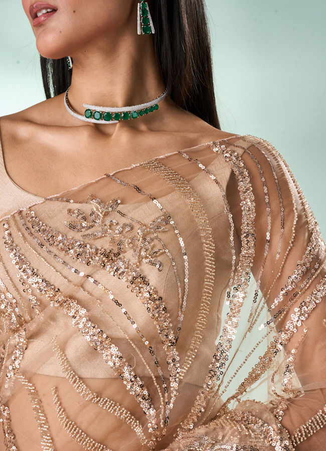 Mohey Women Fawn Net Saree with Moti and Sequin Work