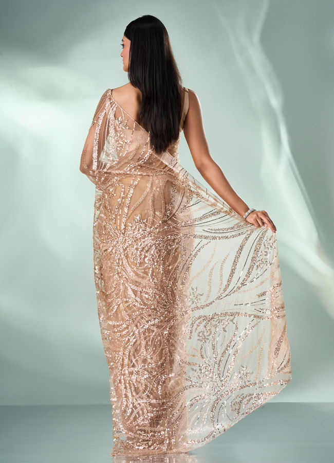 Mohey Women Fawn Net Saree with Moti and Sequin Work