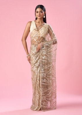 Mohey Women Beige Net Saree with Moti and Sequin Work