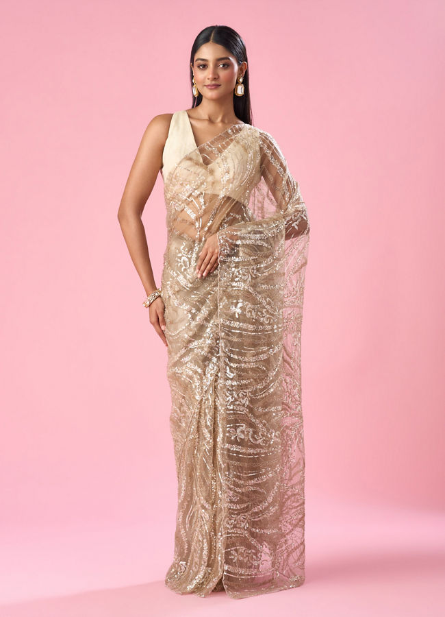Mohey Women Beige Net Saree with Moti and Sequin Work