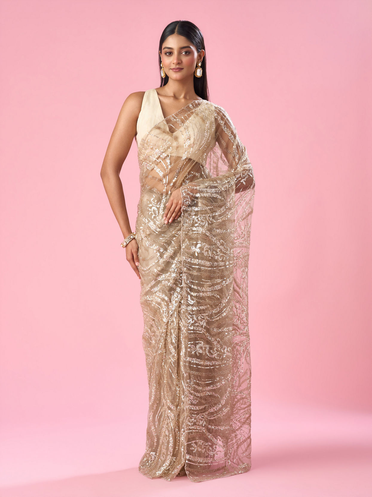 Mohey Women Beige Net Saree with Moti and Sequin Work