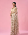 Mohey Women Beige Net Saree with Moti and Sequin Work
