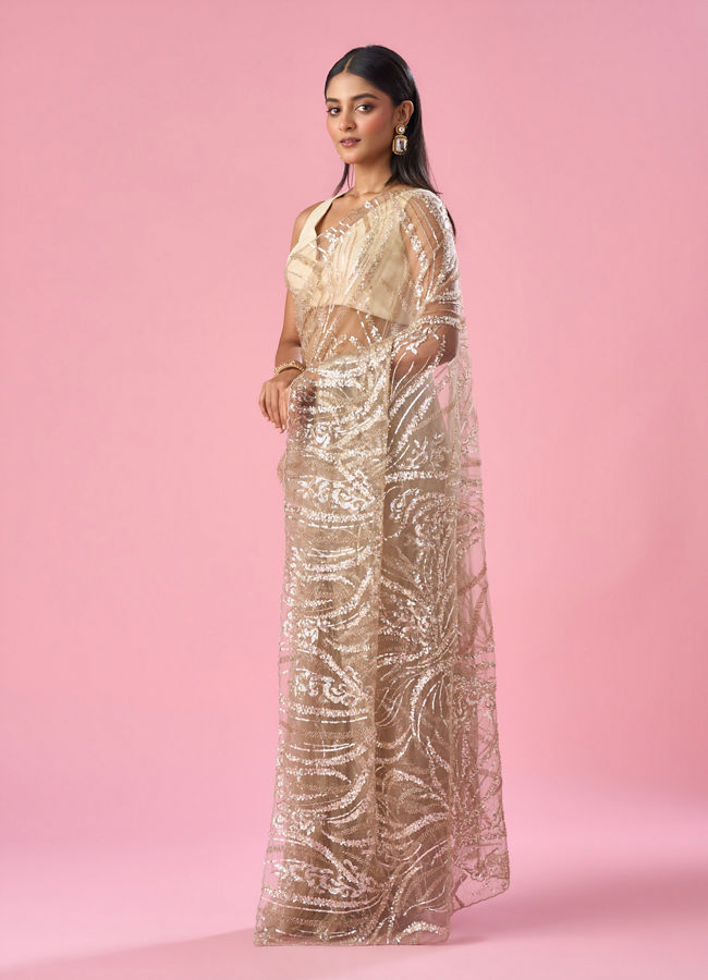 Mohey Women Beige Net Saree with Moti and Sequin Work