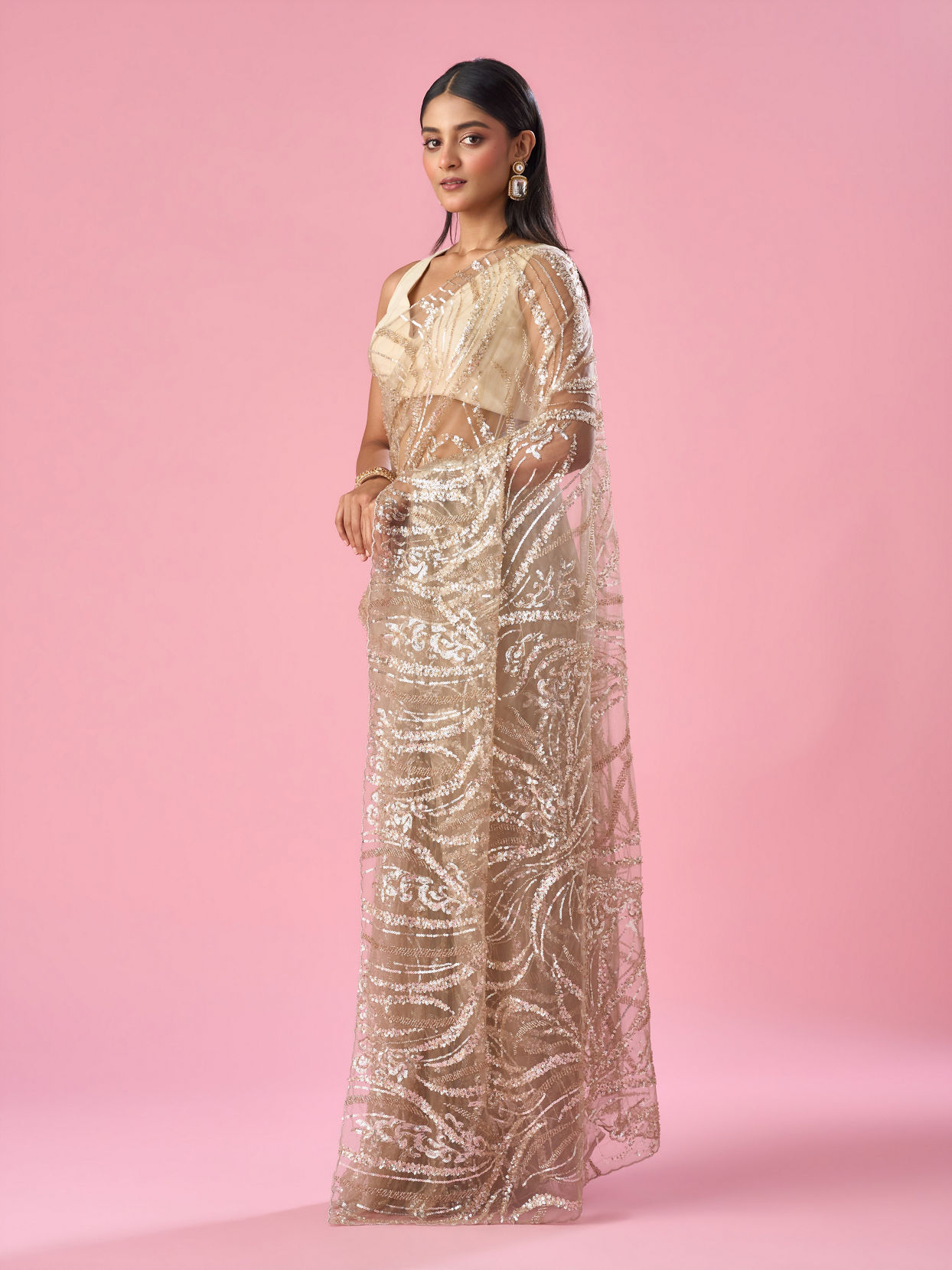 Mohey Women Beige Net Saree with Moti and Sequin Work