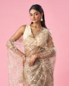 Mohey Women Beige Net Saree with Moti and Sequin Work