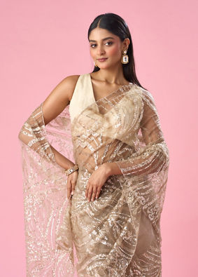 Mohey Women Beige Net Saree with Moti and Sequin Work