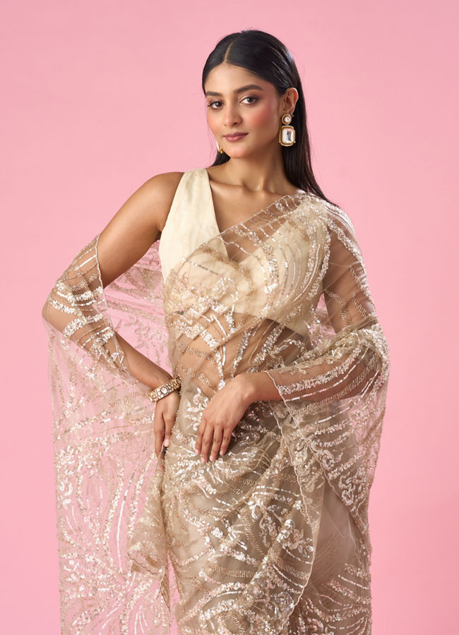 Mohey Women Beige Net Saree with Moti and Sequin Work
