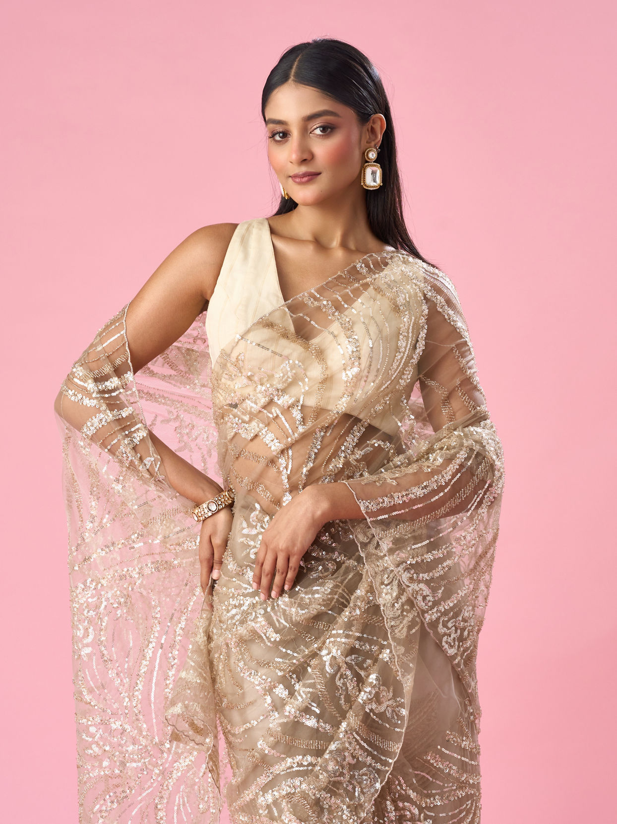 Mohey Women Beige Net Saree with Moti and Sequin Work