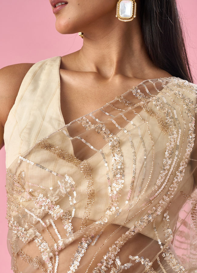 Mohey Women Beige Net Saree with Moti and Sequin Work