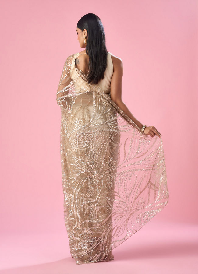Mohey Women Beige Net Saree with Moti and Sequin Work