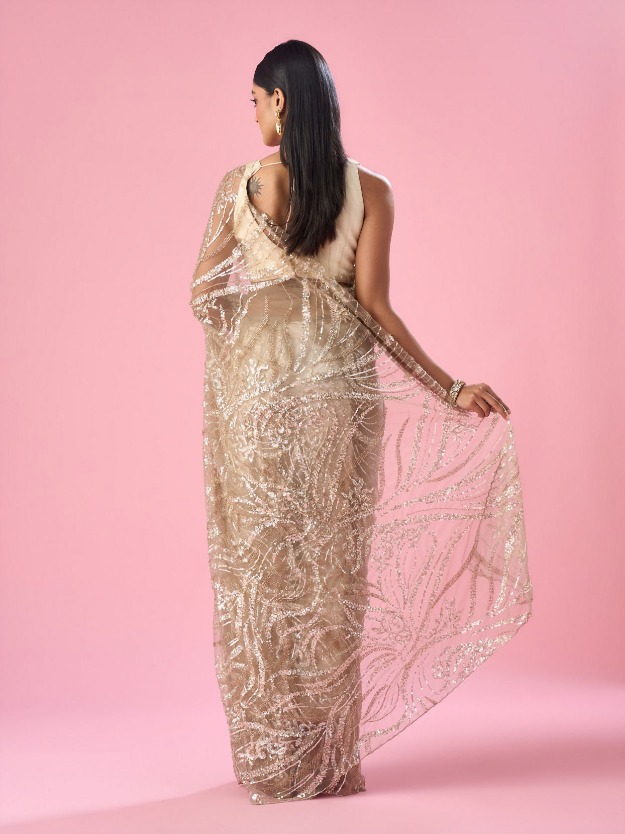 Mohey Women Beige Net Saree with Moti and Sequin Work