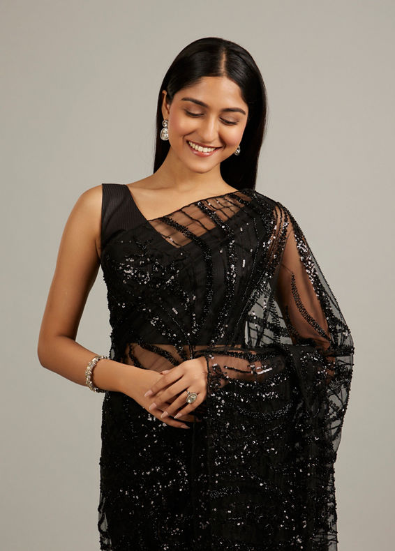 Mohey Women Ebony Black Sequinned Saree with Stone Embellishments