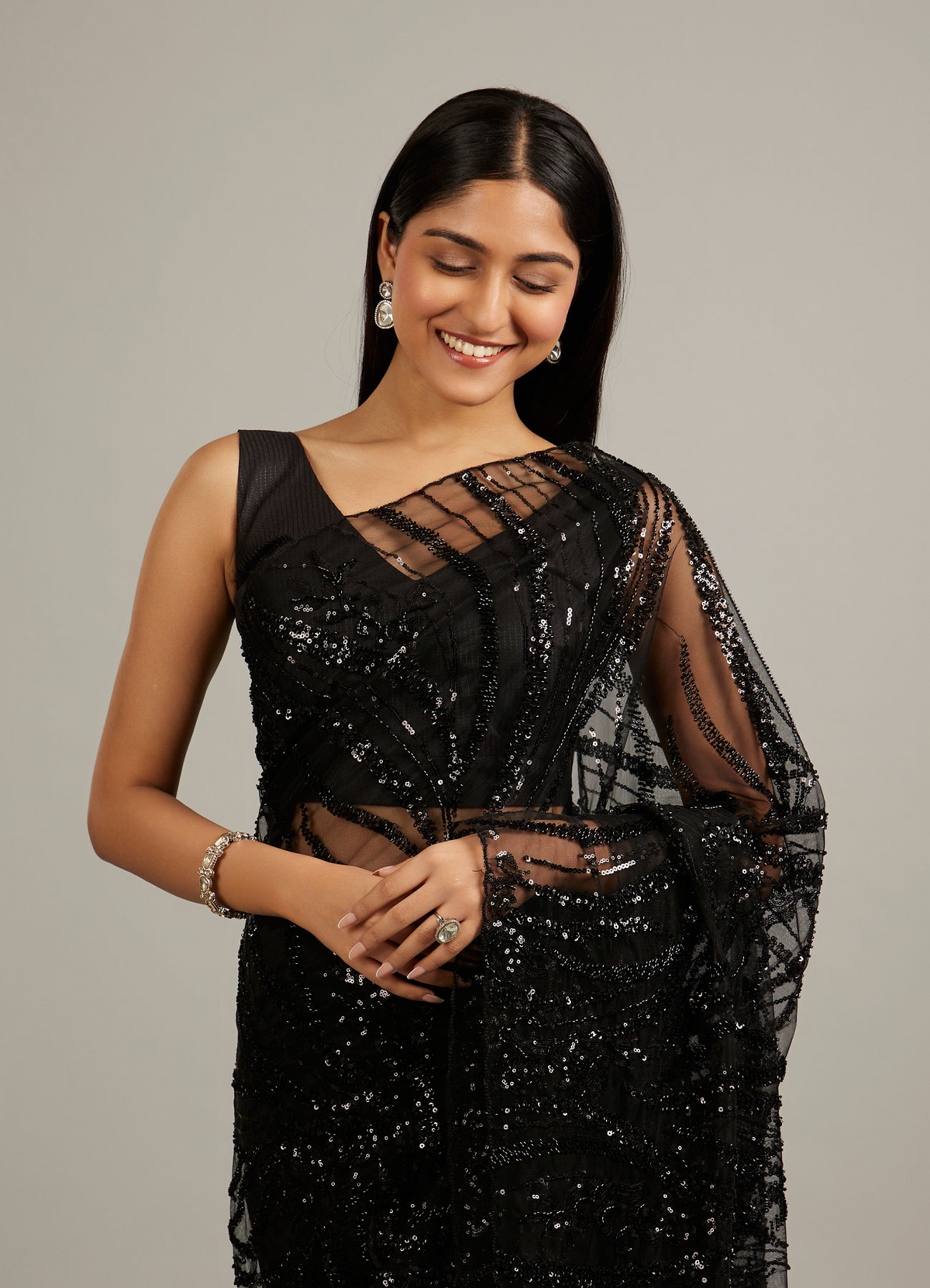 Mohey Women Ebony Black Sequinned Saree with Stone Embellishments