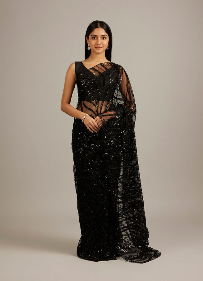 Mohey Women Ebony Black Sequinned Saree with Stone Embellishments