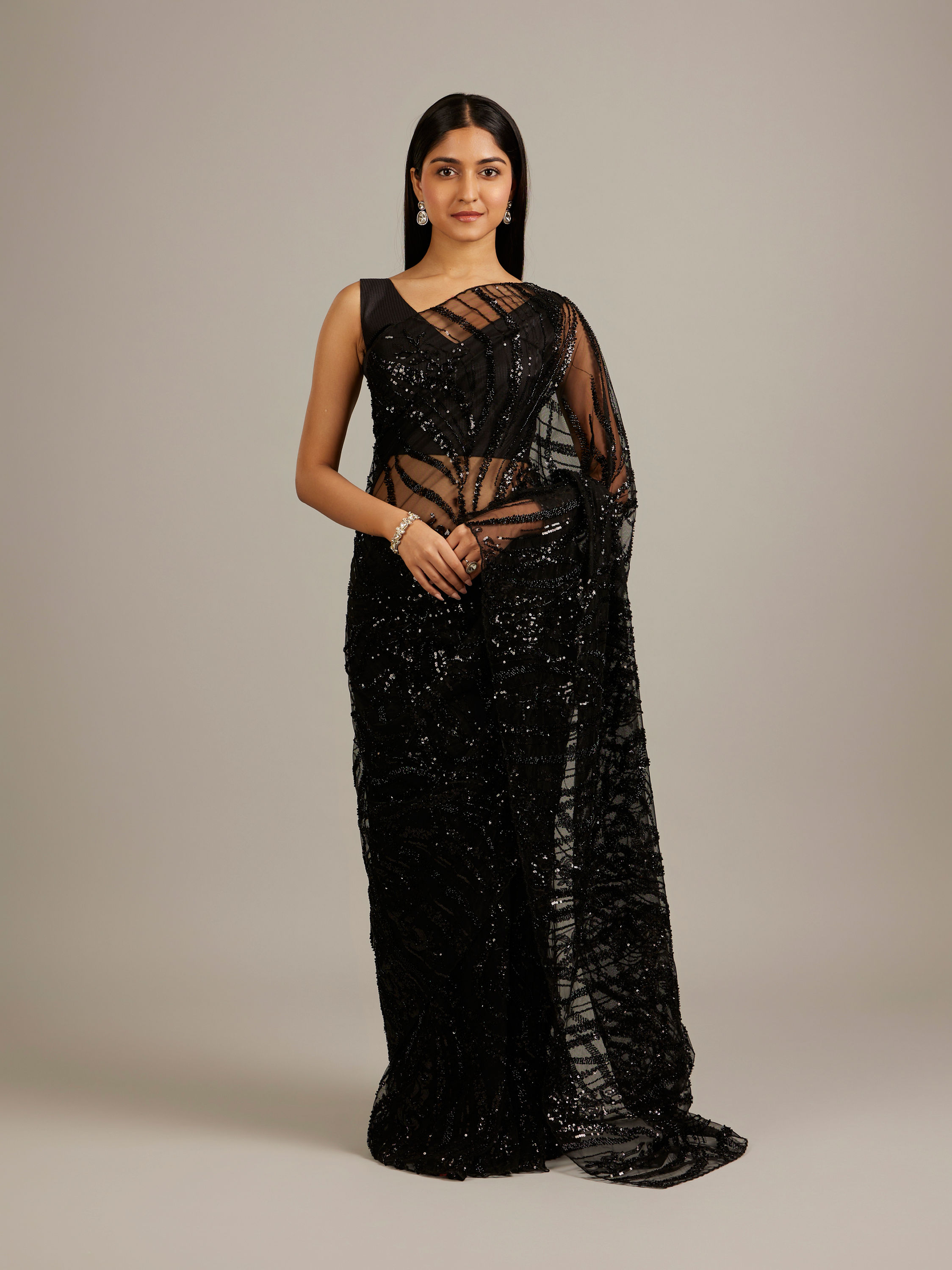 Mohey Women Ebony Black Sequinned Saree with Stone Embellishments