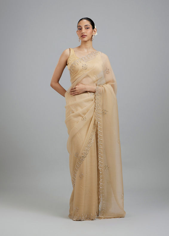 Mohey Women Beige Elegance Chinon Saree