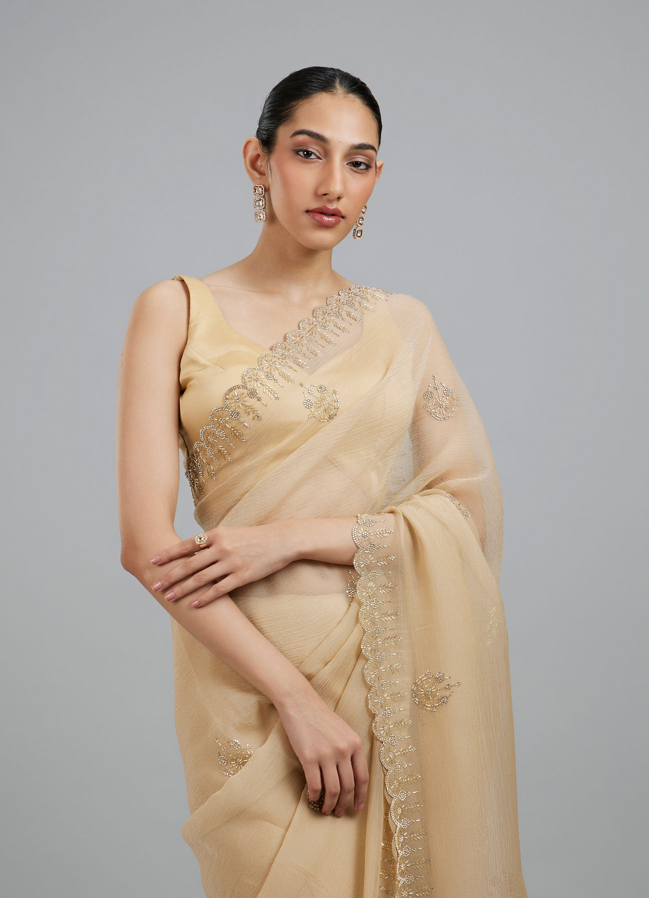 Mohey Women Beige Elegance Chinon Saree