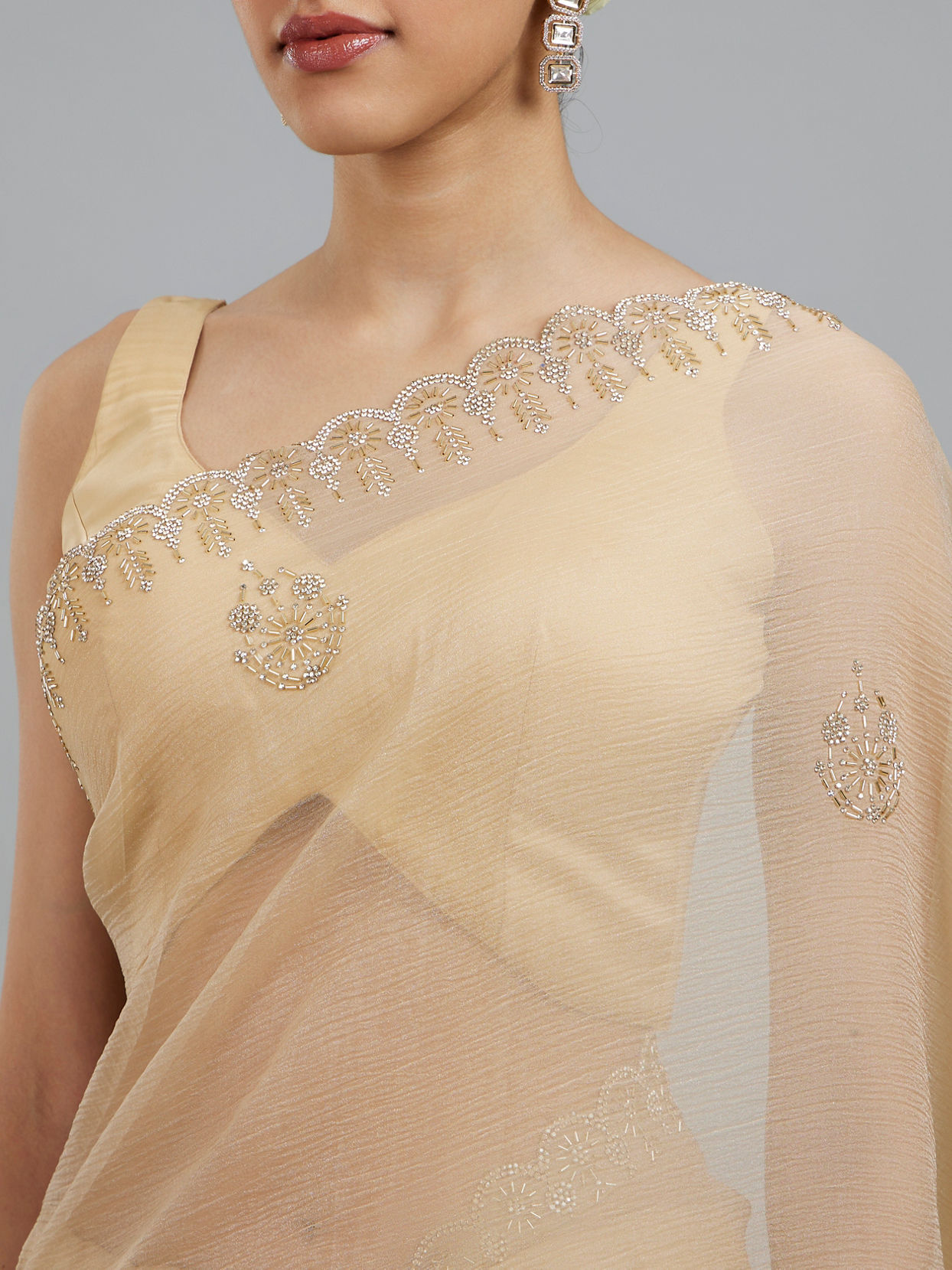 Mohey Women Beige Elegance Chinon Saree