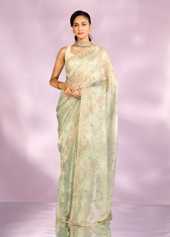 Mohey Women Pista Green Organza Saree