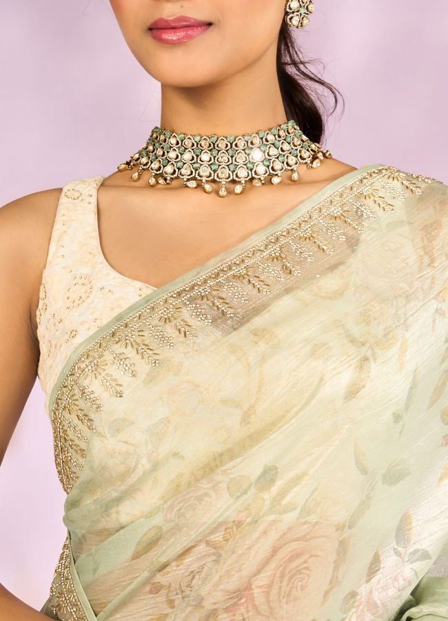 Mohey Women Pista Green Organza Saree