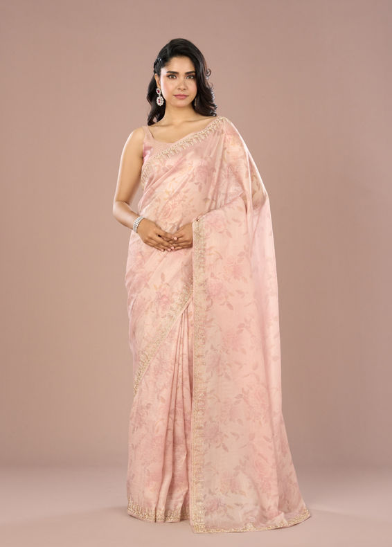 Mohey Women Peach Organza Festive Saree