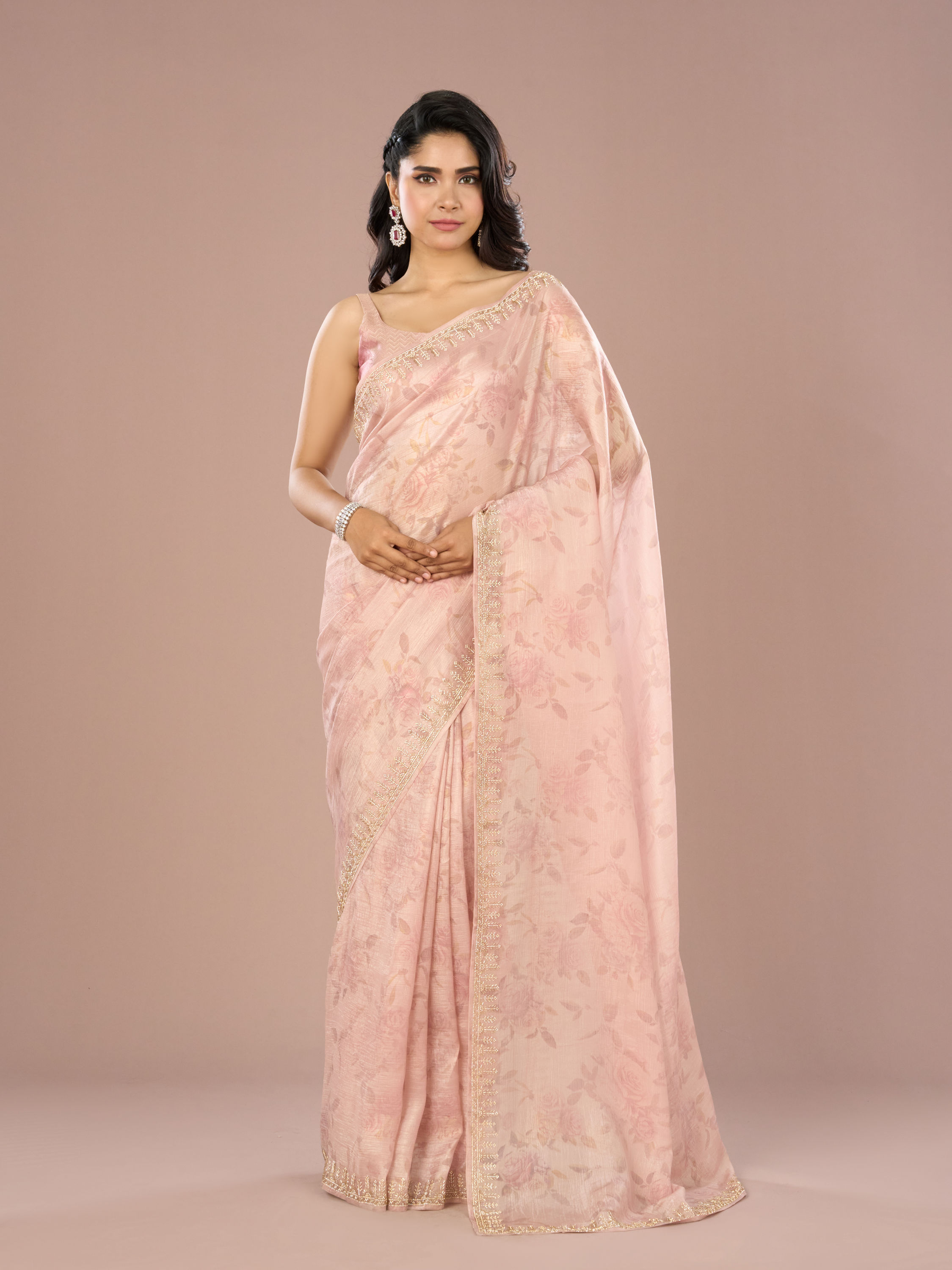 Mohey Women Peach Organza Festive Saree