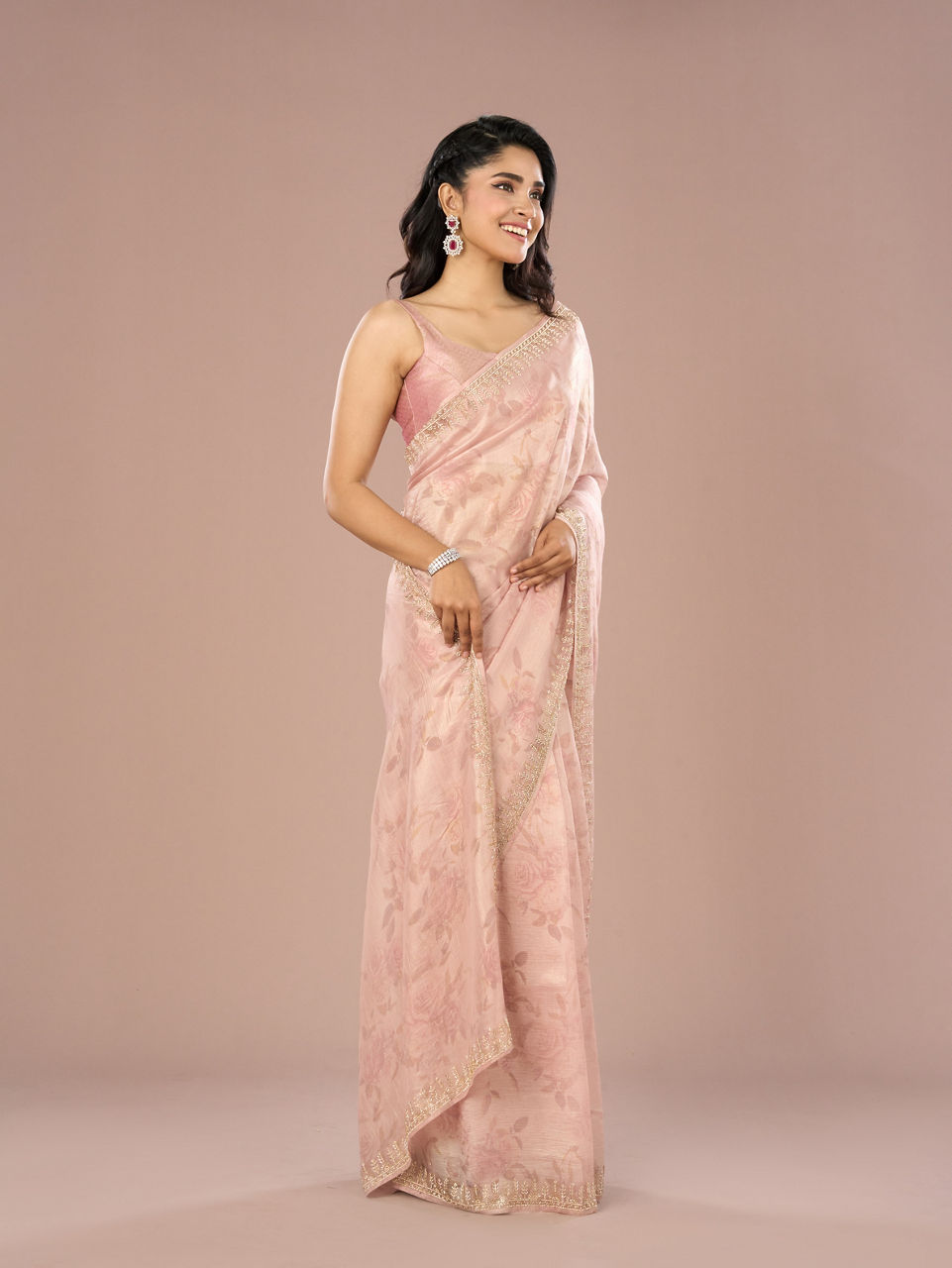 Mohey Women Peach Organza Festive Saree