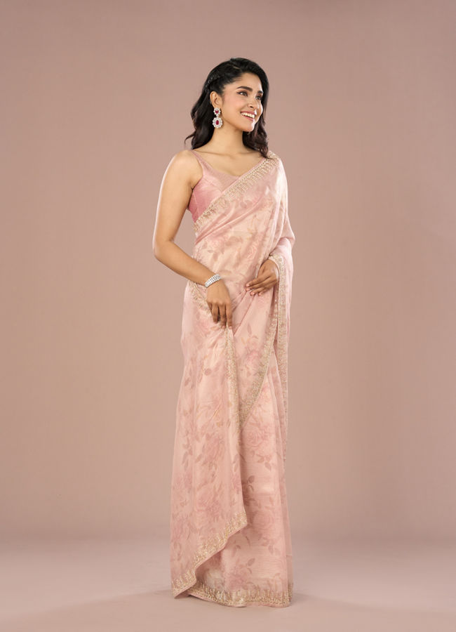 Mohey Women Peach Organza Festive Saree