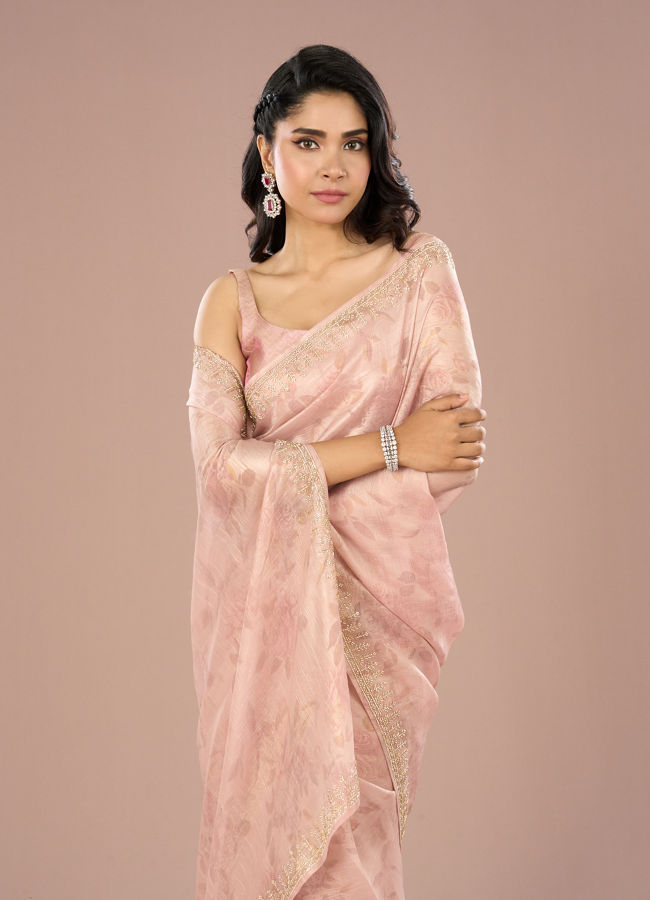 Mohey Women Peach Organza Festive Saree
