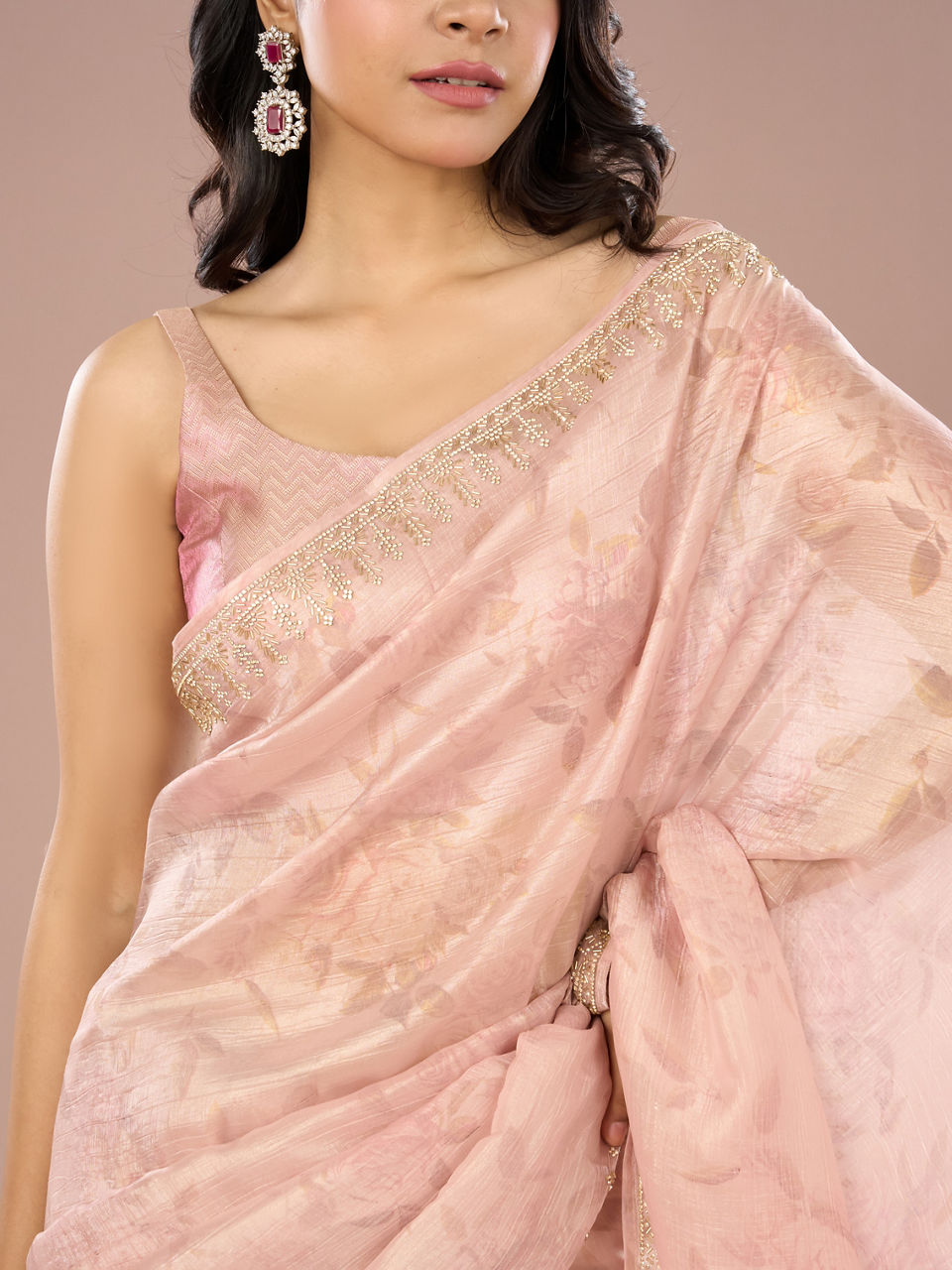 Mohey Women Peach Organza Festive Saree