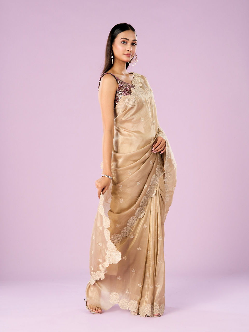 Mohey Women Fawn Chinon Elegance Saree
