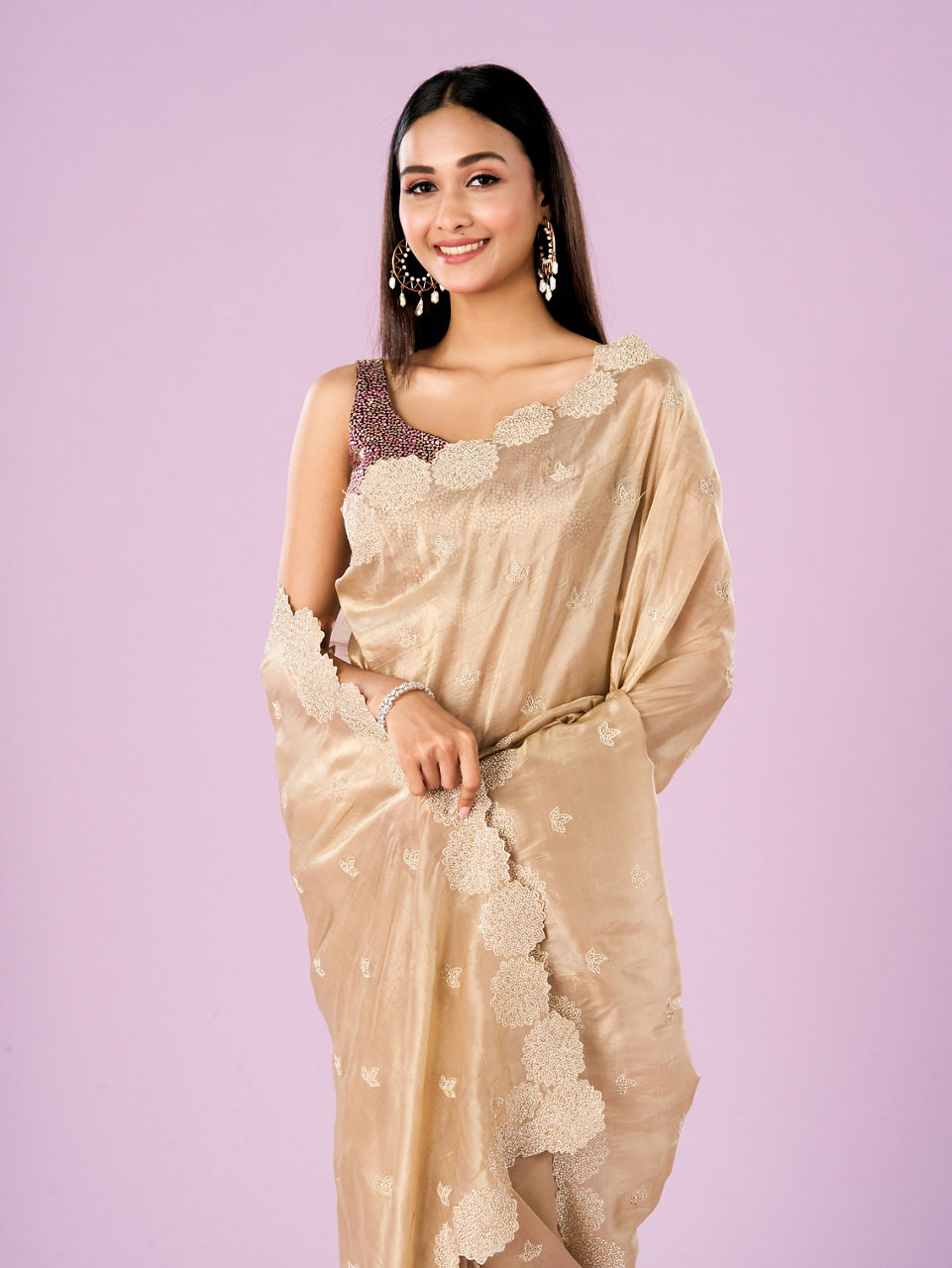 Mohey Women Fawn Chinon Elegance Saree