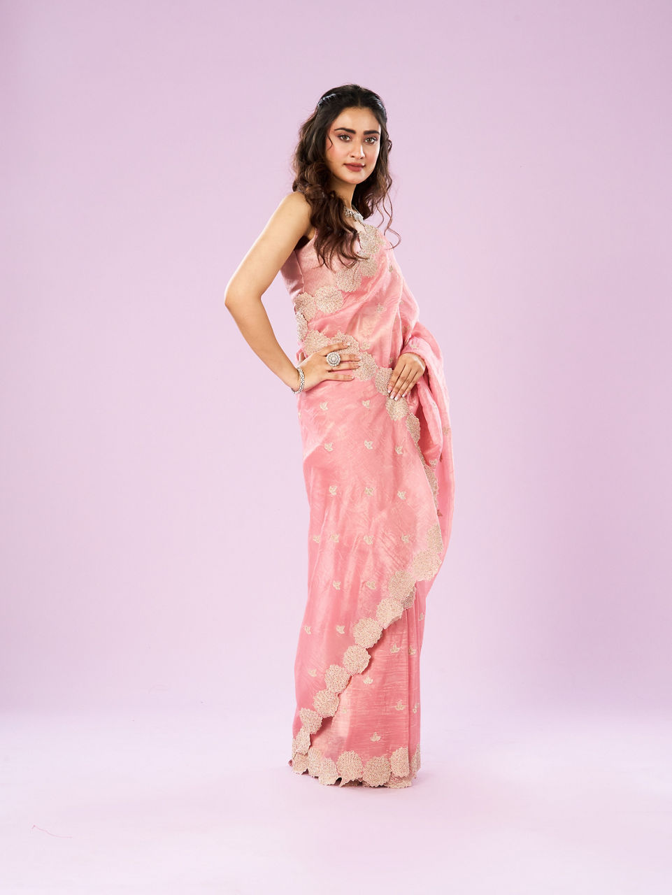 Mohey Women Resplendent Pink Chinon Saree
