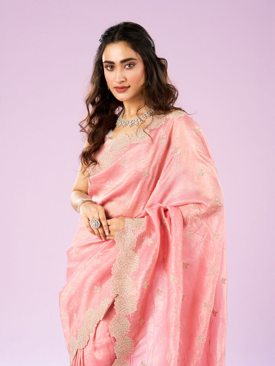 Mohey Women Resplendent Pink Chinon Saree