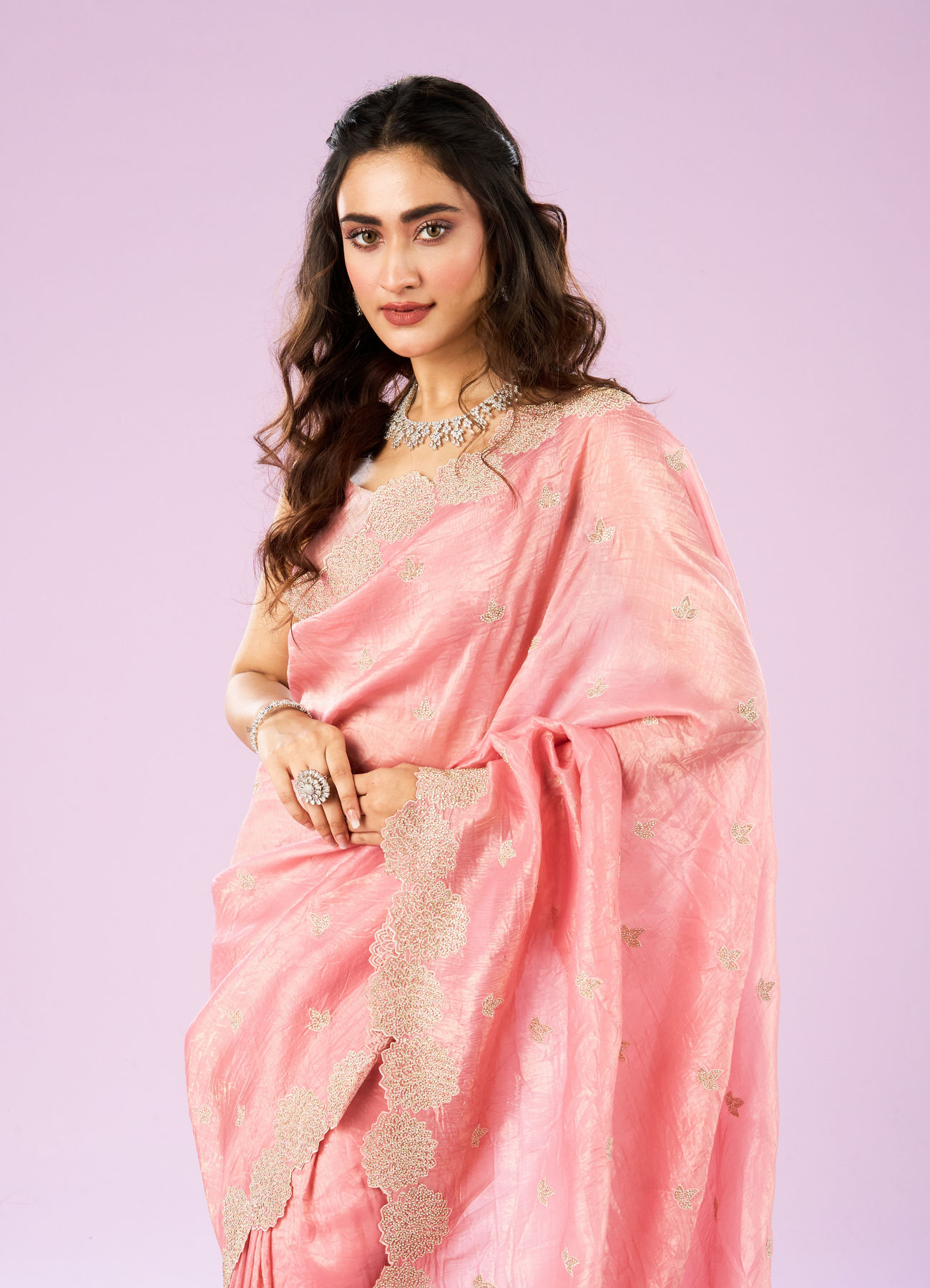 Mohey Women Resplendent Pink Chinon Saree