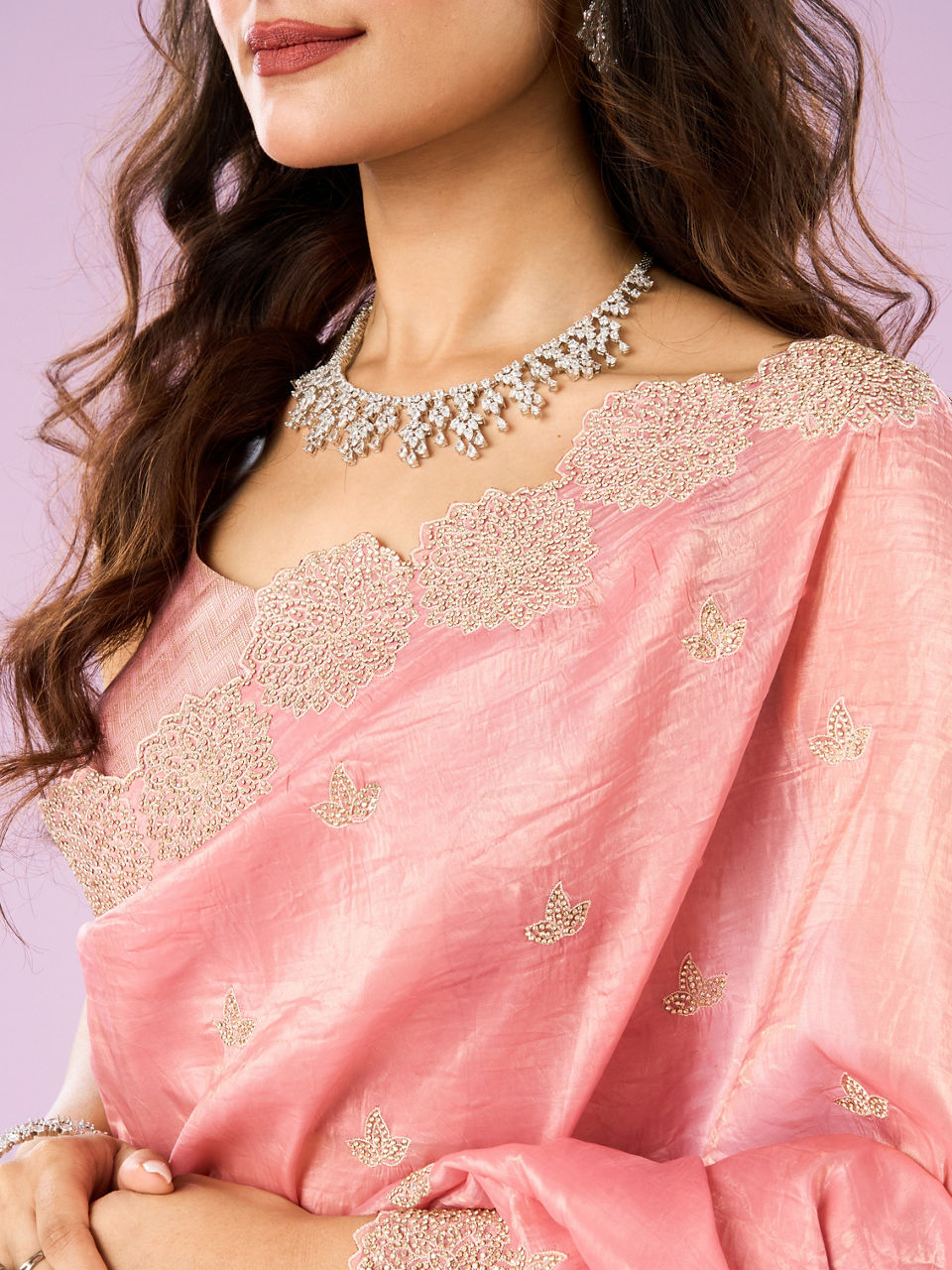 Mohey Women Resplendent Pink Chinon Saree