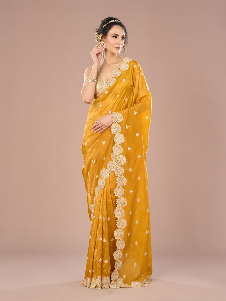 Mohey Women Radiant Mustard Yellow Chinon Saree