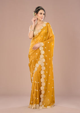 Mohey Women Radiant Mustard Yellow Chinon Saree