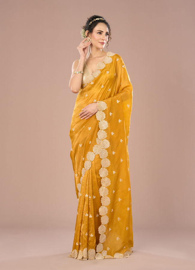 Mohey Women Radiant Mustard Yellow Chinon Saree