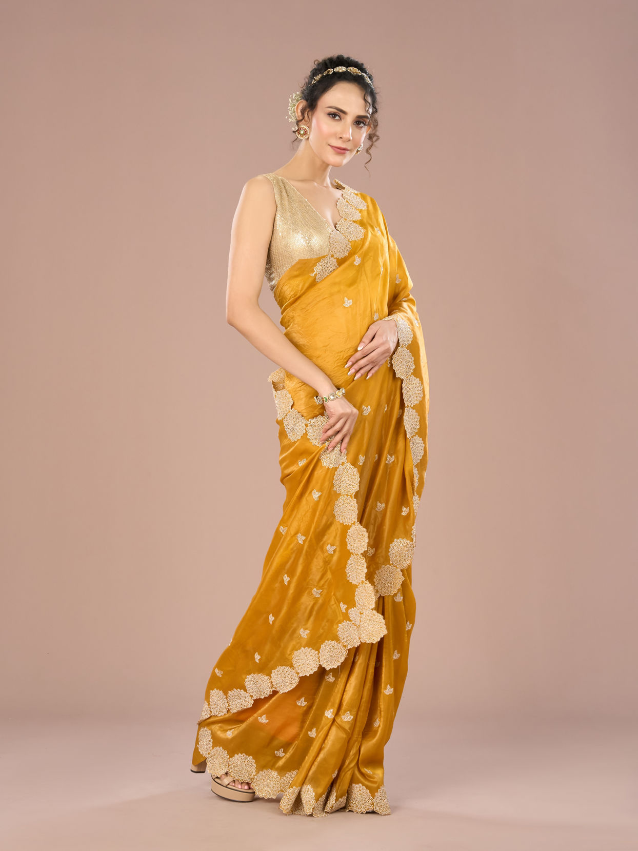 Mohey Women Radiant Mustard Yellow Chinon Saree