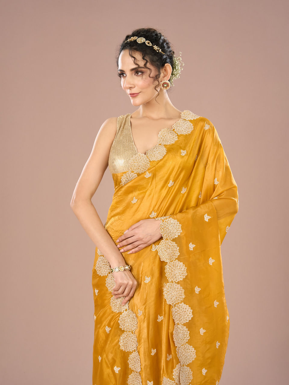 Mohey Women Radiant Mustard Yellow Chinon Saree