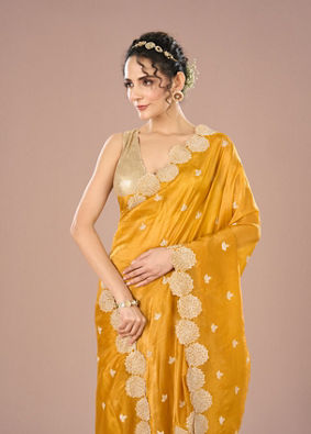 Mohey Women Radiant Mustard Yellow Chinon Saree