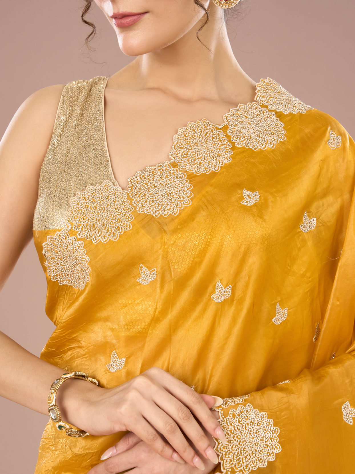 Mohey Women Radiant Mustard Yellow Chinon Saree