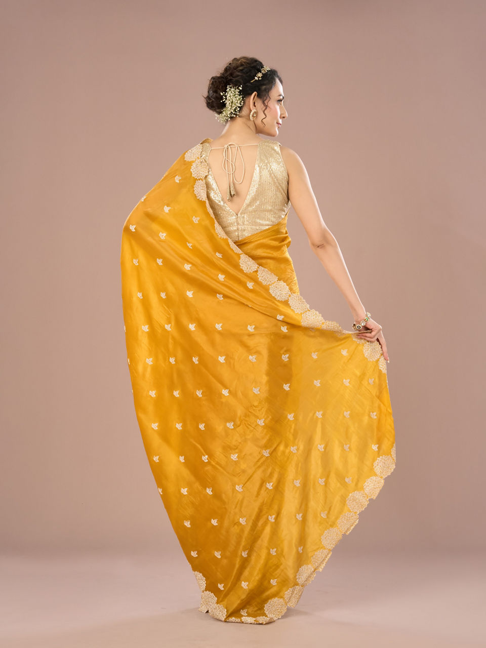 Mohey Women Radiant Mustard Yellow Chinon Saree