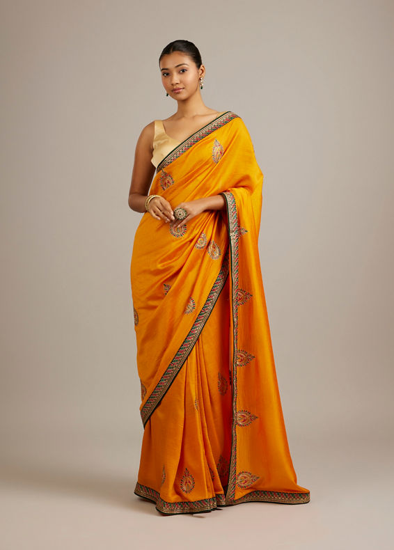 Mohey Women Mustard Yellow Buta Embroidered Saree with Intricate Borders And Rhinestone Work